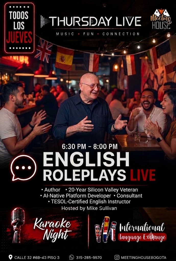 Mike Sullivan leading an English roleplay session with professionals at Meeting House Bogotá